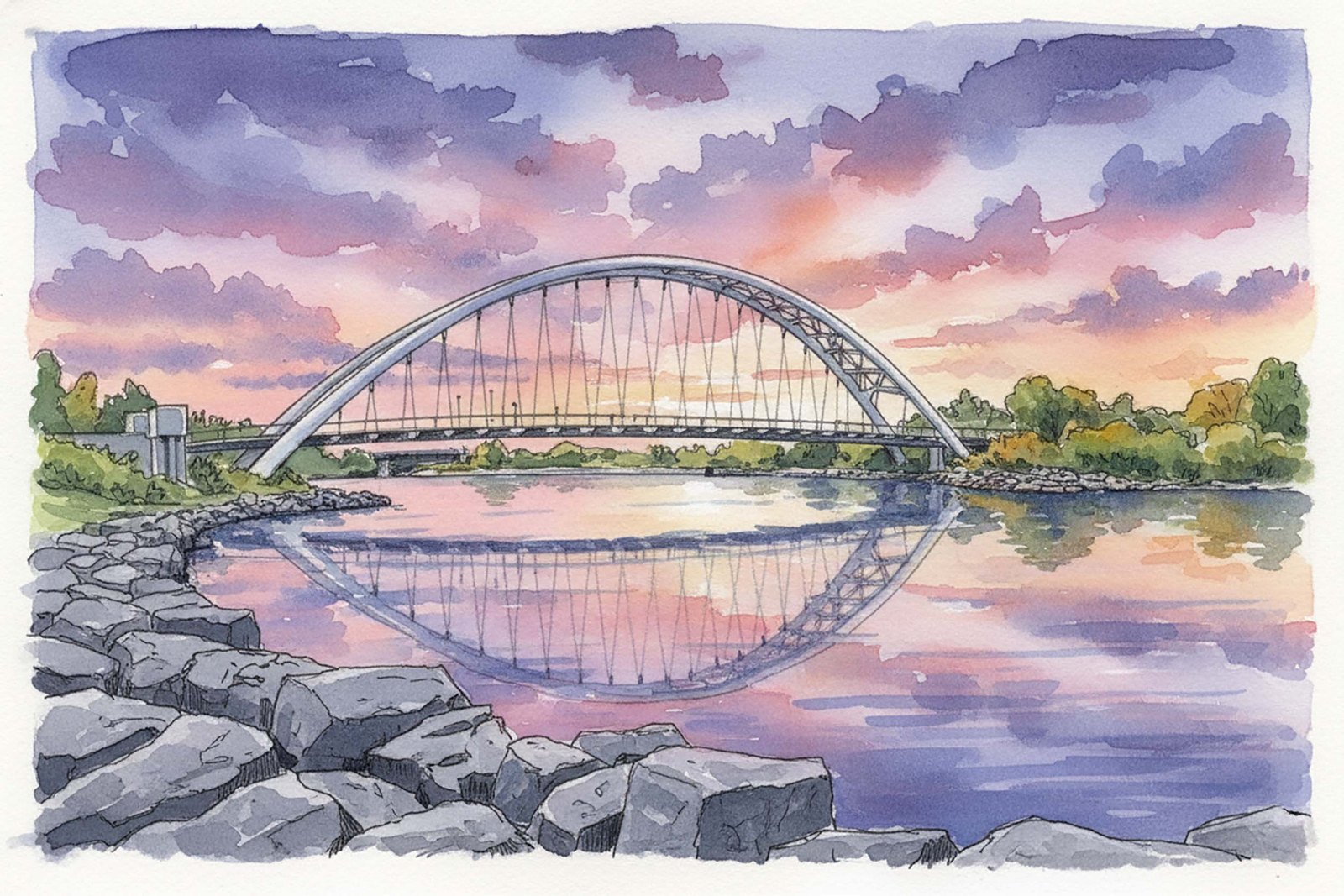 A watercolour of the Humber Bay Arch Bridge at sunset, reflected in the lake